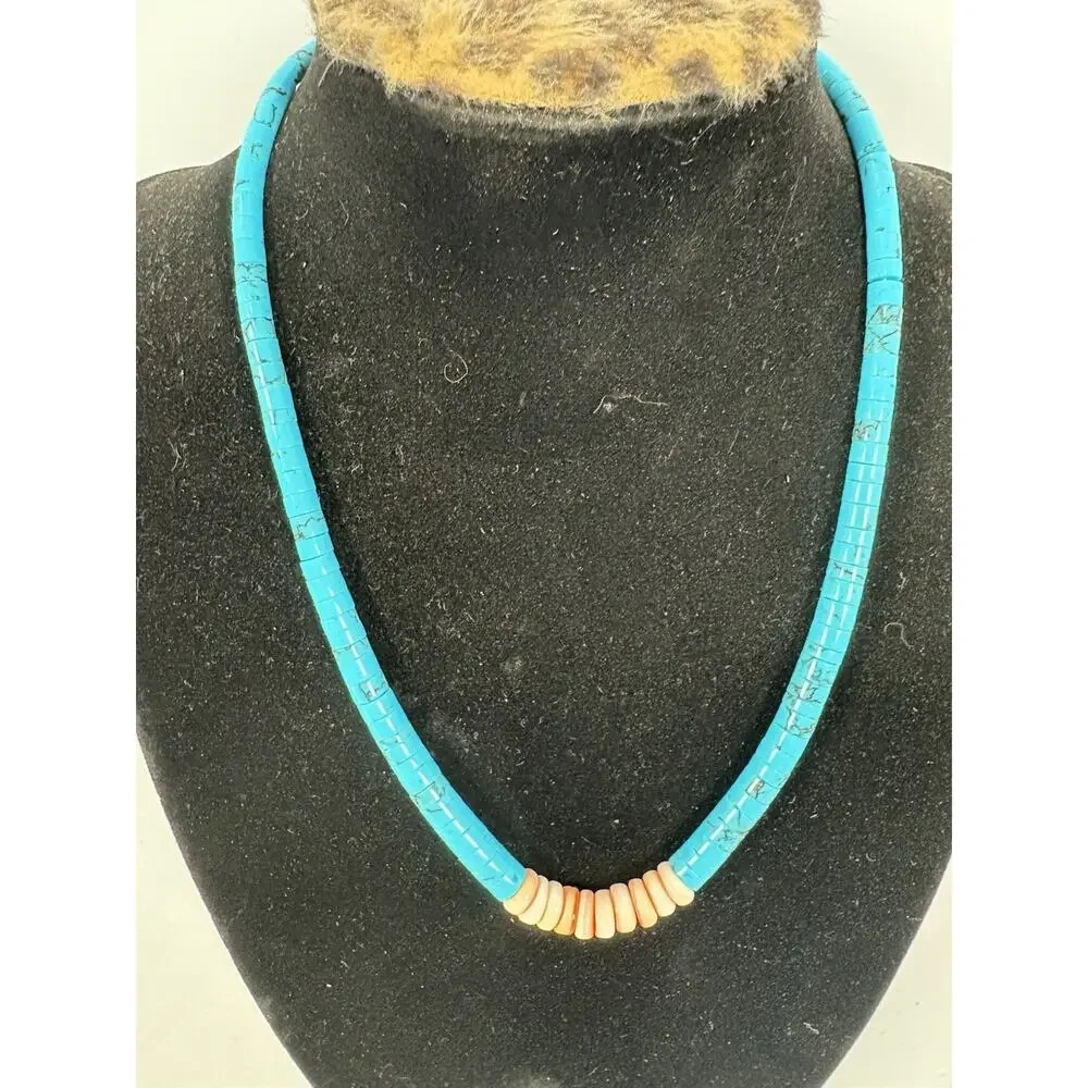 Block Turquoise and Coral Graduated Heishi Necklace, Bracelets And Earrings Set - Picture 5 of 15